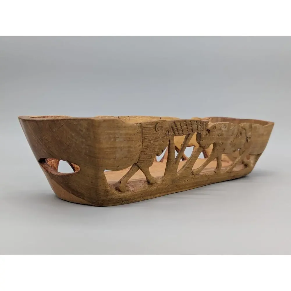 Safari African Hand Carved Wood Fruit Food Decorative Basket 14” Vintage